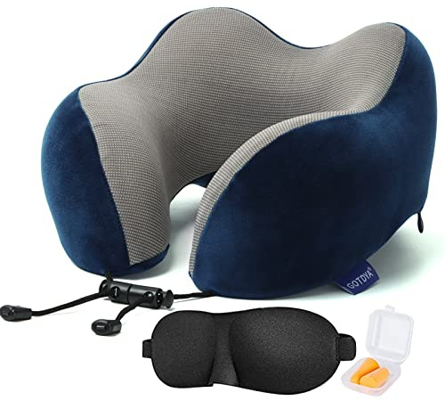 GOTDYA Cuscino da viaggio per dormire, 100% pura schiuma di memoria, morbido comfort e supporto per aeroplano, auto, ufficio e casa, colore: blu