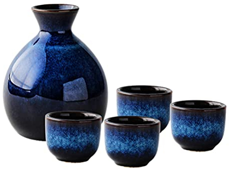 Lurrose Il set di sake giapponese in ceramica include 1 bottiglia di Tokkuri e 4 tazze di Ochoko per tazza di tè tradizionale di sake caldo o freddo