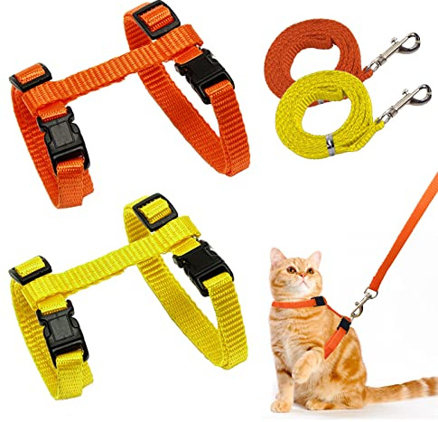 2 Stück Verstellbare Nylon Geschirre Katzenleine, Geschirre Katzenleine Kätzchenhalsband，Orange Weiche Katzengeschirr mit Leine für Kätzchen Welpe Kaninchen Hase