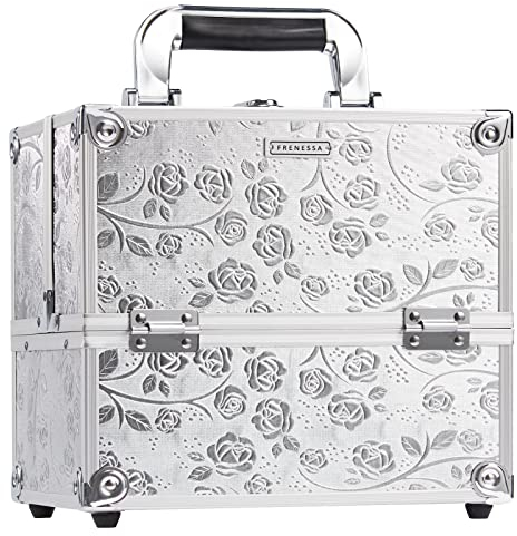 Kosmetikkoffer Schminkkoffer Leer Make up Koffer Alu Beauty Case Tragbarer Nagelkoffer Kosmetik Box Multikoffer, Rose Muster in Silber