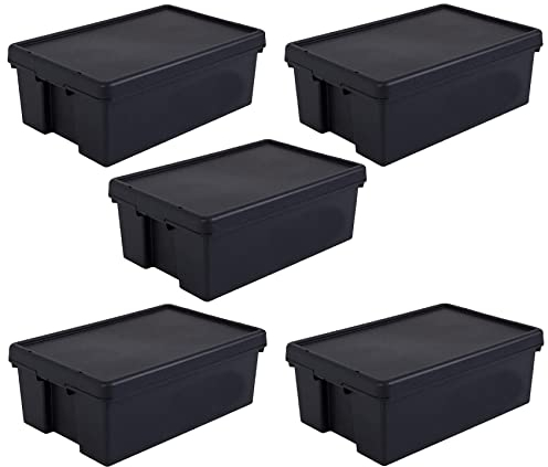 JMS we create smile Bam 100% Recycled Super Strong Impact Resistant Black Re-Usable Storage Boxes With Lids 36 Litre 59.5 x 40 x 21.5cm (Set of 5)
