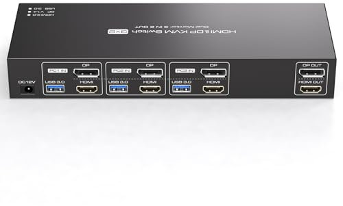 TJCXELE HDMI+Displayport 4K60Hz KVM Switch 2 Monitors 3 Computers USB3.0 KVM Switches Dual Monitors for Triple computers sharing 2 monitors and 4 USB Devices with 3 USB Cables&Remote Controls
