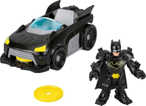 Fisher-Price Imaginext DC Super Friends Metal Force Batmobil Spielzeugauto, ca. 7,6 cm große Batman-Actionfigur und Zubehör im Set, enthält Starter und 2 Scheiben, JFJ68