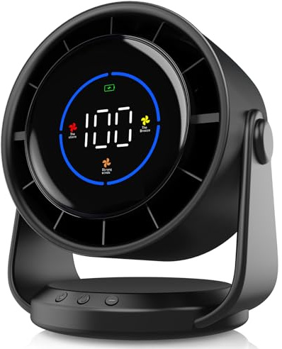 YOSHENMO Desk Fan, Turbo Table Fan for Bedroom, 100-Speed Digital Display, Low Noise, 105° Adjustable Tilt, 7.5-inch, Rechargeable Battery, Wall-Mouted Design for Home, Office, Travel Dark Black