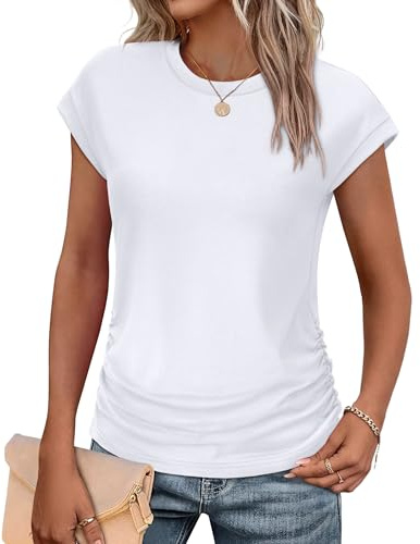 Sampeel Ladies Tops for Women UK Summer Short Sleeve T Shirts Womens Ruched Top Crew Neck Loose Fit Casual Tee Shirts Size 14-16 White