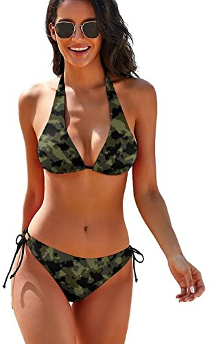 Ensemble de Bikini Camouflage pour Femmes, Haut rembourré à Licou, Bas noué sur Le côté
