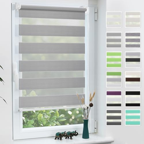 Grandekor Store Enrouleur Jour Nuit de Double Tissu, Store Jour et Nuit sans Perçage, Accessoires d'installation Inclus pour Fenêtre ou Porte, 55l x 120L cm, Gris