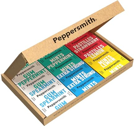 Peppersmith - Ultimate Taster Pack - Peppermint Mints, Gum and Pastilles - 100% Plant Based Xylitol - Breath Freshener - Sugar Free Mints and Chewing Gum - Benefits Oral Health - Pocket Packs - 12x15g
