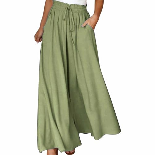 Gonna da donna, lunga, elegante, leggera, palazzo, pantaloni larghi con tasche, pantaloni larghi, eleganti, per il tempo libero, estivi, a vita alta, elastici, tinta unita, in cotone, lino