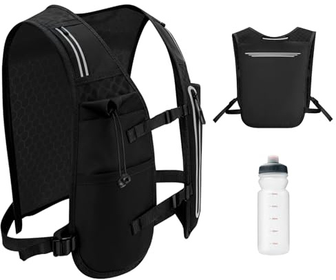 Reflective Running Vest with 500ml Water Bottle, Unisex Hydration Pack with Phone Pouch & Storage Pockets, Lightweight Breathable Mesh Design for Marathon Trail Running Cycling Hiking