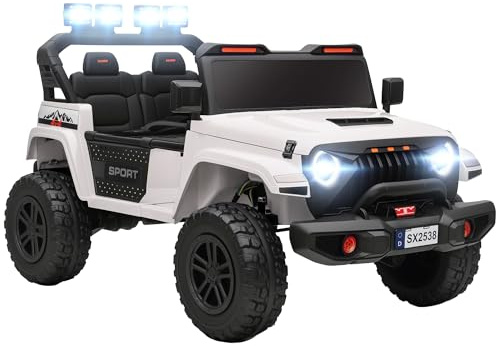 Qaba 24V 2-Seater Kids Ride on Truck Car, 44-50 L Adjustable 4WD Electric Car, 5 MPH Max Speed, Remote Control, Spring Suspension, Storage and LED Lights for Kids Ages 37-95 Months, White