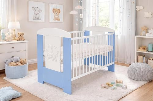 Baby Happy Bliss Babybett Kinderbett 120x60 cm aus massivem Buchenholz – 3-Fach höhenverstellbar, 3 herausnehmbare Sprossen, EN 716 geprüft – Weiß/Blau, Prinz | Modell Kamil