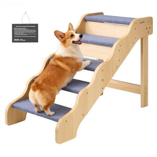 VEVOR Escalier pour Chien en Bois 5 Marches pour Chien pour Canapé Lit Voiture Chats Chiens Animaux de Compagnie Jusqu'à 68 kg, Surface Antidérapante, Hauteur Marche 12 cm, en Bois de Pin et Feutrine