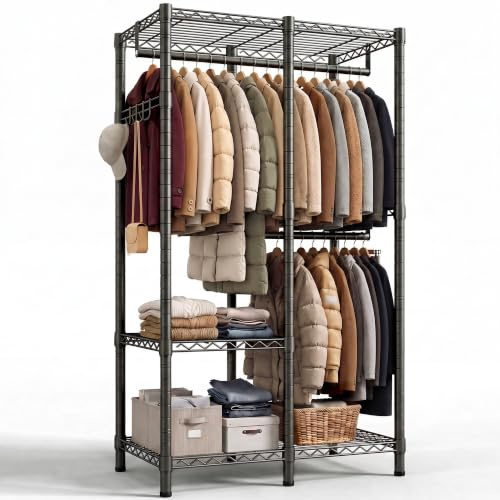 Klyvvo Burro ropa resistente, Armarios dormitorio metálico con 3 estantes regulables en altura, 2 barras para ropa y 4 ganchos, 200 KG de carga, 80x40x194,5 cm, Perchero burro ropa, Negro