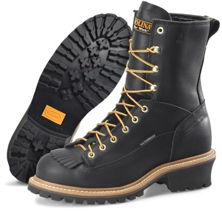 Carolina 8 Logger Boots for Men - Waterproof Work Boots - Steel Toe Safety Shoes - Slip-Resistant Logging Footwear - Triple-Rib Steel Shank - Rubber Lug Outsole - Black - 12