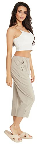 VR7 Womens Ladies Elasticated 3/4 Shorts Cropped Capri Trousers Stretchy Pockets Pants (UK 18, Beige)