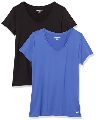 Amazon Essentials Damen Active Quick Dry Tech Stretch Kurzarm-T-Shirt mit V-Ausschnitt (in Übergröße erhältlich), 2er-Pack, Kräftiges Blau/Schwarz, M