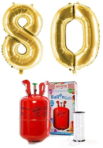 Party Factory – Helium Gasflasche 200L im Set mit XXL Zahlenballon 80 Gold – Partydeko Ballongas Flasche mit Folienballon & 40 m weißer Ballonschnur – Einwegflaschen mit Knick-Füllventil
