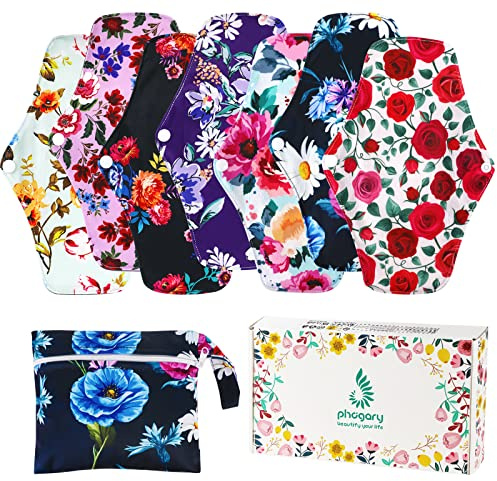 PHOGARY Reusable Menstrual Pads, Breathable Mesh Surface Cloth Sanitary Pads Set for Heavy Flow with Wet Bag, Washable Overnight Cloth Panty Liners with Wings for Women