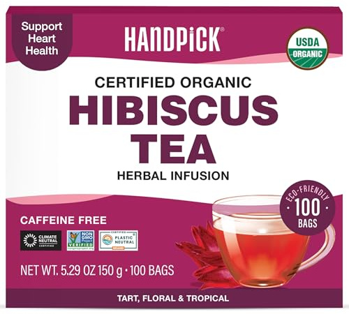 HANDPICK, Organic Hibiscus Tea Bags (100 Tea Bags) | Caffeine-Free, 100% Natural Pure Indian Hibiscus Flowers