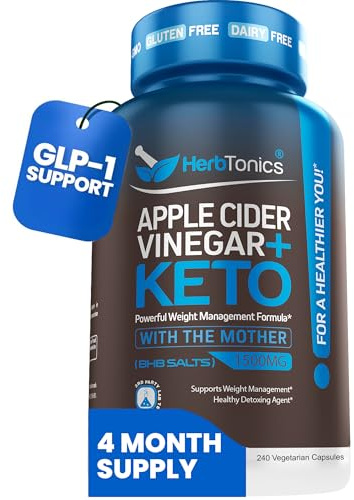 Herbtonics Apple Cider Vinegar + Keto BHB Capsules | GLP-1 Support for Appetite, Cravings & Weight Management | Metabolism Support with Satiety Support | 240 Capsules - 4 Month Supply