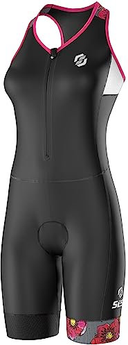 SLS3 Triathlonanzüge Frauen - Slim Athletic FRT Tri Suit Women - Einteiliger Trisuit für Frauen - Triathlonanzug für Frauen, ohne Bügel-BH (Schwarz/Fuchsia Mohnblumen, XS)