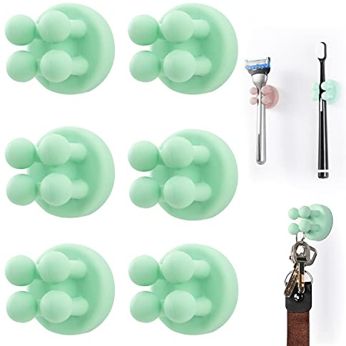 Zayin Silicone Toothbrush Holders Multi-Function Hook Razor Holder Waterproof Self Adhesive Wall Mounted Single Hook for Wall or Glass for Hanging Bathroom Kitchen Living Room Office (Green 6 Pcs)