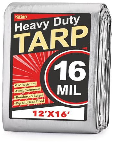 Keten Tarps - Lona Resistente Impermeable de 12 x 16 pies, extragruesa 16 mil, Resistente al desgarro y a la decoloración, 100% Bloqueo UV, Lona para Exteriores con Ojales Reforzados para Techo,