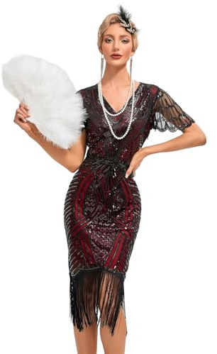 Viloree Robe Evelyn Annee 20 Flapper 1920 Gatsby Robe Soiree Femme Paillette Frange Noir & Rouge (55) XL