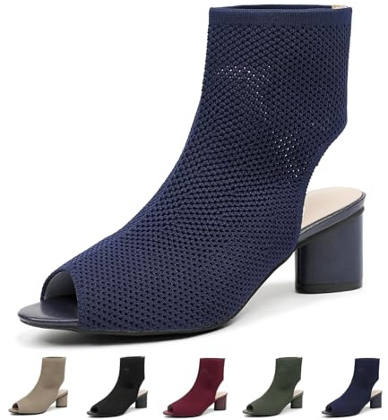 Zeberfi Women's Knit Peep Toe Slingback Chunky Heel Ankle Boots Open Pointed Toe Hollow Heeled Sandals Summer Casual Slip On Dress Sock Booties (Blue,10,10)