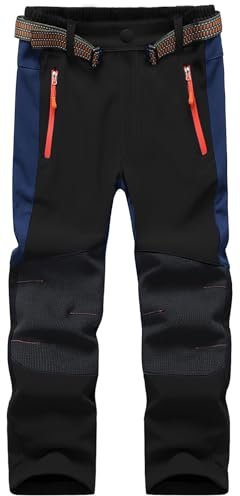 Macker Jones Kinder Softshellhose Skihose Gefüttert Thermohose Wasserdicht Winddicht Schneehose Winter Warm Wanderhose für Jungen Mädchen KZ0089-Black-152/158