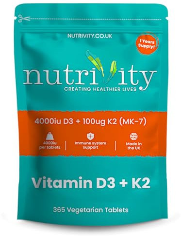 Vitamin D3 K2 4000 IU, 100µg (MK-7) – 365 Vegetarian High Strength Vitamin D3 and K2 Tablets for Bone, Muscle & Immune Support – Gluten & Sugar Free, Easy to Swallow, Non-GMO, UK Made