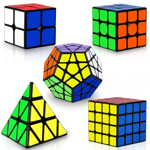 Coolzon Speed Cube Set de Pyraminx + Megaminx + 2x2 + 3x3 + 4x4 Magic Puzzle Cubes 5 Pack Cubo Mágico para Niño Adulto con Adhesivo de PVC