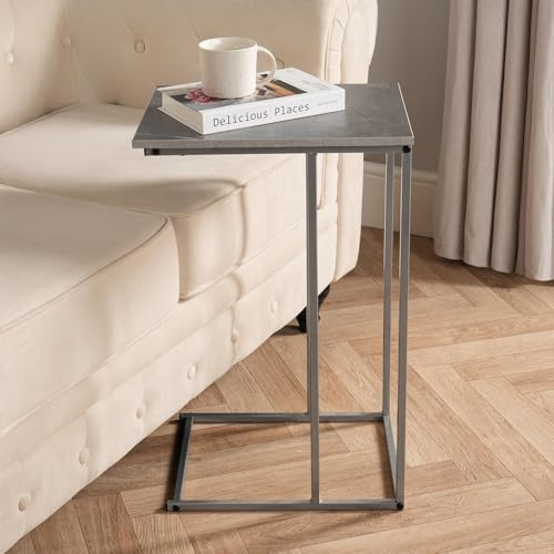 OHS Grey Marble C Shaped Side Table, Sofa Table with Metal Frame Decorative Coffee Tables Space Saving Bedside Tables for Bedroom Living Room Home Office