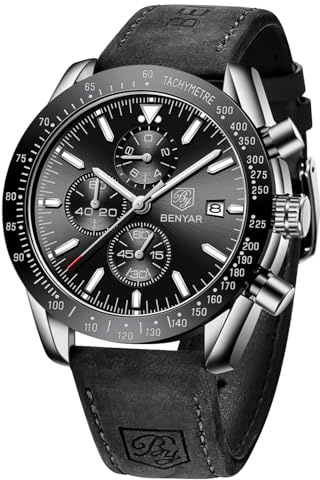 BENYAR Watch for Men Analog Quartz Chronograph Waterproof Luminous Designer Big Face Mens Wrist Watches Business Sport Casual Dress Elegant Gifts for Men,Black Silver Black