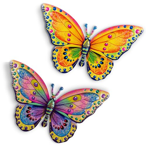 Lot de 2 grandes décorations murales art papillon en métal, sculptures murales en métal pour extérieur intérieur clôture, décoration suspendue pour jardin cour salon chambre à coucher (BIG B)