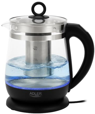 ADLER EUROPE AD 1299 - Hervidor de agua (cristal, 1,5 L, iluminación LED, control de temperatura 60-100 °C, colador de té, función de mantenimiento del calor, 2200 W), color negro