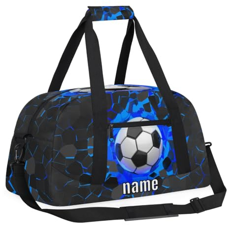 Custom Name Sports Bag for Kids Boys, Personalized Gym Duffel Fitness Travel Weekender Tote Carry-On Training Perform Bag, Soccer Black Blue