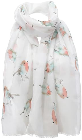 YNR White Chiffon Robin Scarf,Watercolor Robin Bird Print Chiffon Scarf,Bird Printed Wrap Shawl for Women,Women's Shawl for Ladies Christmas Gifts