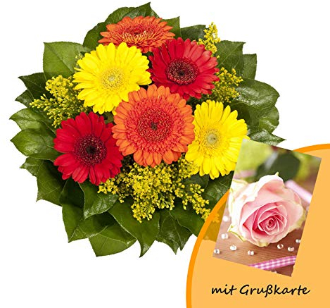 Dominik Blumen und Pflanzen, Blumenstrauß Marlene mit bunten Gerbera und Goldrute und Grußkarte Rosen