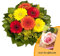 Dominik Blumen und Pflanzen, Blumenstrauß Marlene mit bunten Gerbera und Goldrute und Grußkarte Rosen