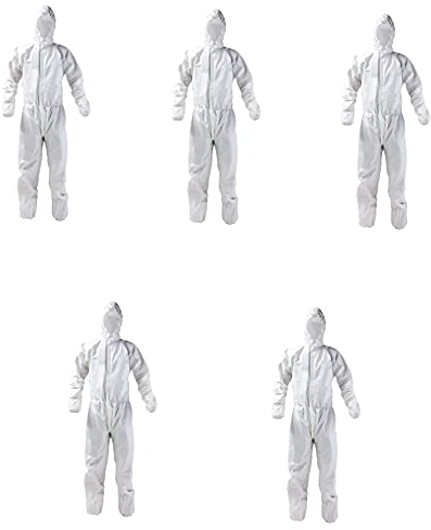 5 x Einweg-Schutzanzug, schmutzabweisend, aus Polypropylen, mit Kapuze und Reißverschluss
