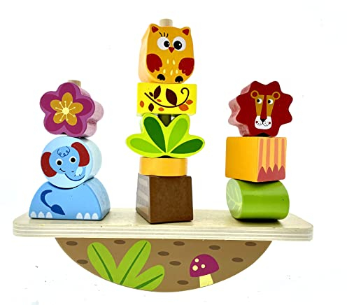 Lotti & Will RB & G Fädelspiel Holzpuzzle Stapelspiel, Balancierspiel mit Tiermotive aus Holz, Motorikspiel ab 2 Jahren