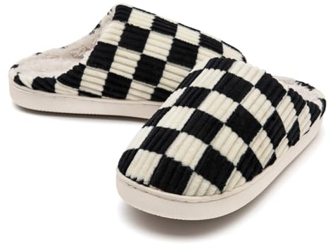 Waysoland Women Men House Slippers,Fuzzy Plaid Slides Memory Foam Checkered Slippers Slip on Anti-Skid Sole Bedroom Cloud Sippers Indoor Outdoor(Black,4.5/5.5)