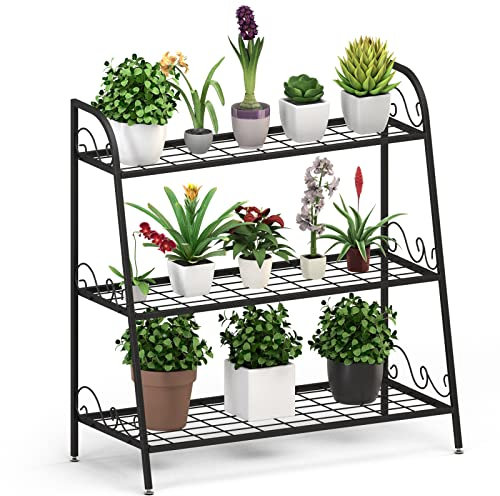 GOPLUS Étagère à Fleurs en Fer, Support de Pots de Fleurs à 3 Niveaux, Escalier Étagère Polyvalente pour l'Intérieur et l'Extérieur, Idéal pour Jardin, Balcon, Terrasse, 81 x 35 x 82 CM