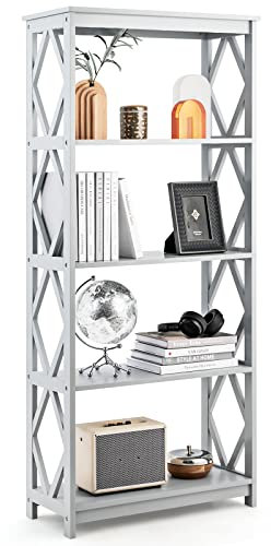 COSTWAY 5-Tier Bookshelf, Wooden Storage Bookcase Ladder Shelving Unit, Freestanding Rhombus-Shaped Display Rack Storage Shelf Organizer for Living Room, Bedroom and Office, 70 x 30 x 155cm (Grey)