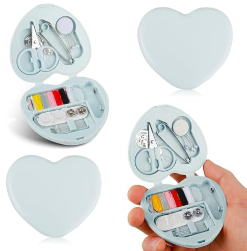 Amaxiu 2 Stück Mini Reise Nähset, Süßes Herzförmig Tragbares Nähset mit faltbarem Etui Notfall DIY Nähzubehör mit Fadenscherennadel Knopfnadeln für Heimreisende Reise Anfänger Valentinstag(Rosa Blau)