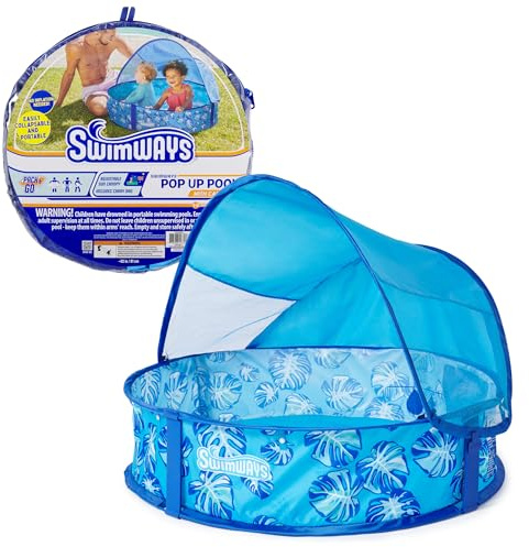 Swimways Elite Pop-Up Above Ground Pool, Baby Pool with Canopy & Carrying Case, Foldable Kiddie Pool for Ages 9-24 Months, Measures 32, Blue