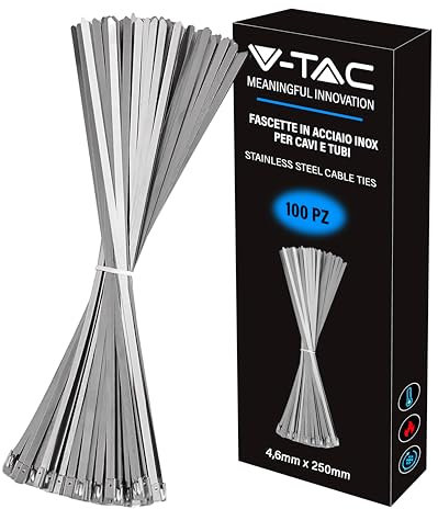 V-TAC Fascette in Acciao Inox per Cavi misura 4.6 mm x 250 mm - Confezione 100 Pezzi - Fascette per Cablaggio Multiuso - Stringicavo Portacavi Fermacavi per Elettricista, Meccanico, Tubi in Ferro