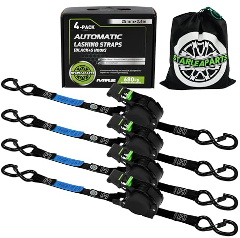 StarLeaparts Lot de 4 Sangles à cliquet rétractables, 680KG de résistance à la Rupture, 3.6m 25mm d'arrimage à rétraction Automatique, Sangles a Cliquet Automatique pour Moto, Kayak et Camion, Noir